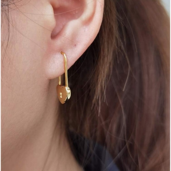 🆕 925 Sterling Silver Gold Plated Puff Heart Safety Pin Earrings Gift - Picture 3 of 6